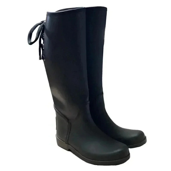 Coach Tristee Womens 7 B Black Lined Tall Lace Up Rubber Rainboots Riding - Picture 1 of 9